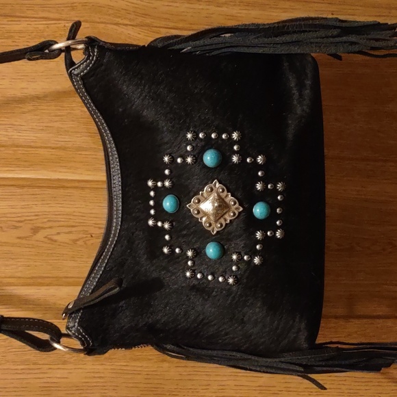 American West Black fur on real leather/ fringe bag. - Picture 2 of 15